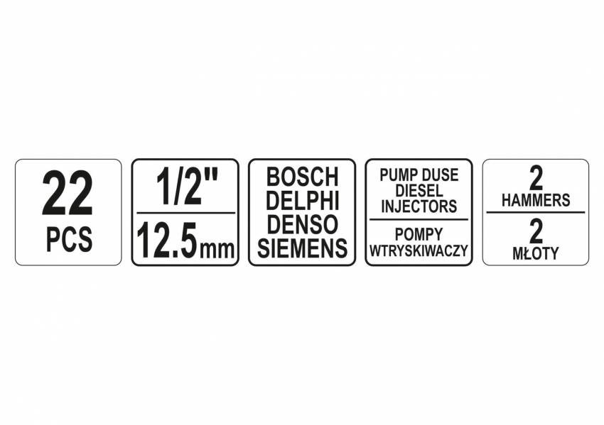 Знімачі форсунок, інжекторів YATO ударні, з насадками, сумісні з BOSCH, DELPHI, DENSO, SIEMENS, 22 шт-YT-06175