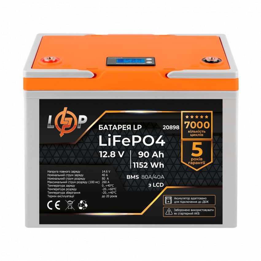 Акумулятор LP LiFePO4 для ДБЖ LCD 12V (12,8V) - 90 Ah (1152Wh) (BMS 80A/40A) пластик-