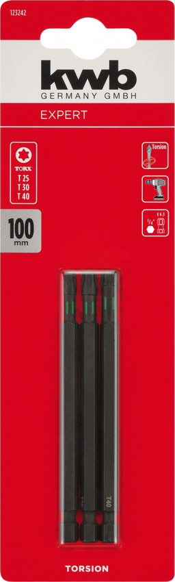 Набір торсіонних біт 100 мм, Torx T25/30/40, 3 шт, KWB (123242)-