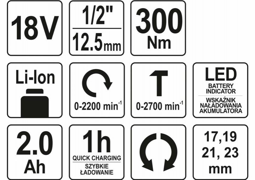 Гайковерт ударний акумуляторний YATO : квадрат 1/2", 300 Нм, Li-Ion 18В, 2 АГод.  4 головки-YT-82804
