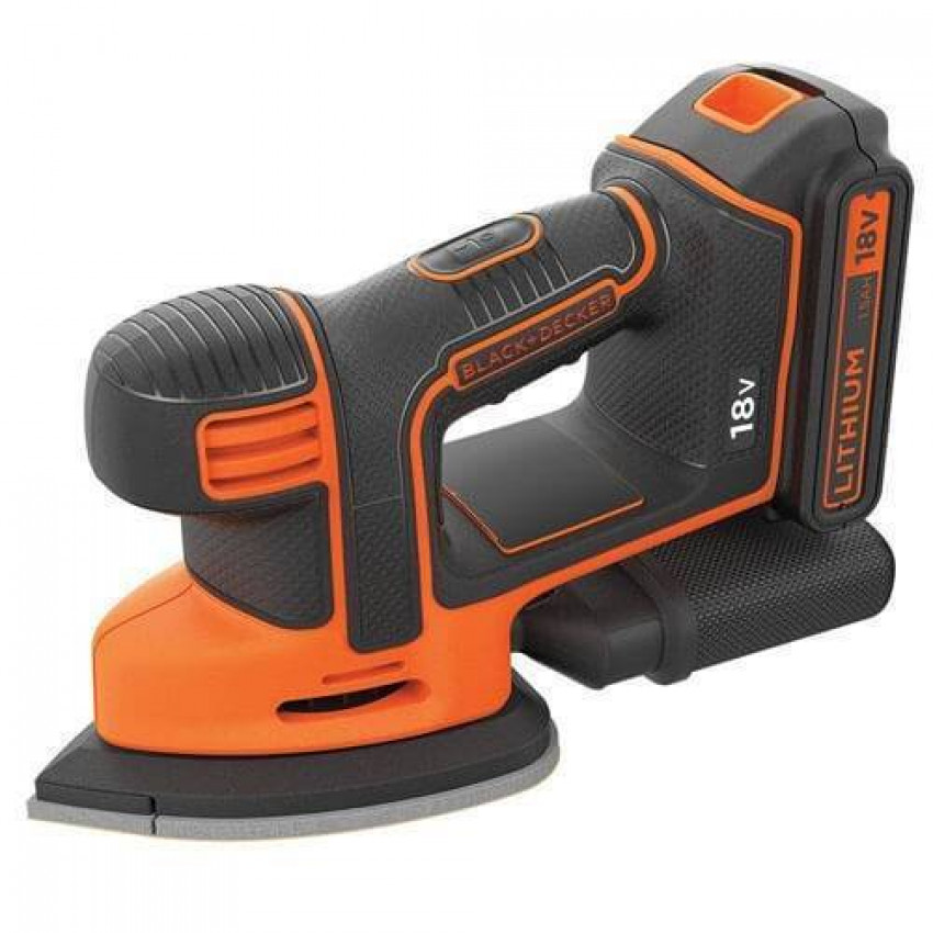 Шліфмашина вібраційна акумуляторна BLACK DECKER,18 В/1,5 Ач Li-Ion, швидкість 12.000 хід/хв, шліфпідошва 110 мм (клин), амплітуда коливань 1,0 мм, один акумулятор 18,0 В/1,5 А, .устр-во 400 мА, аксесуари в комплекті-BDCDS18