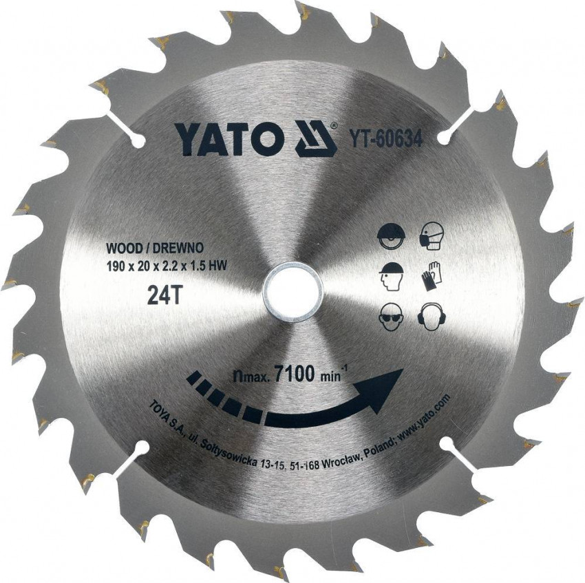 Пила дискова переможна по дереву YATO. Ø=190х20x2.2 х 1.5 мм HW. для циркулярної пилки YT-82150-YT-60634