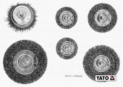 Щітки зачисні з нержавіючої сталі YATO Ø37/50/62/75 мм 4500 об/хв зі шпинделем Ø6 мм 6 шт