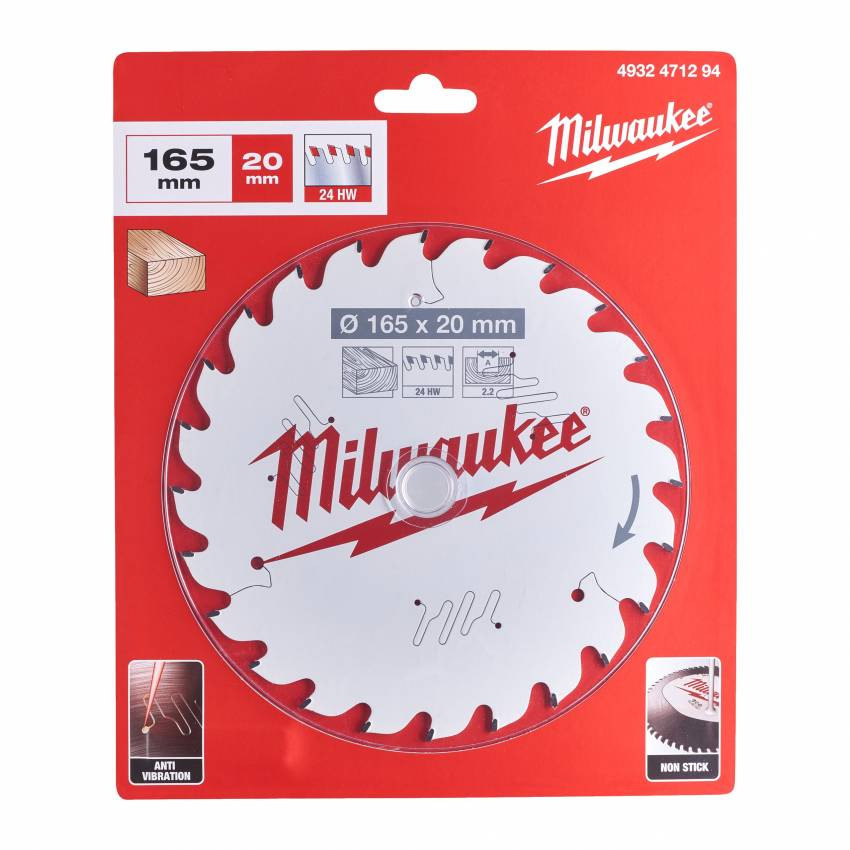 Диск пиляльний PFTE MILWAUKEE, Ø165х20х2,2мм, 24 зуб. 1-4932471294