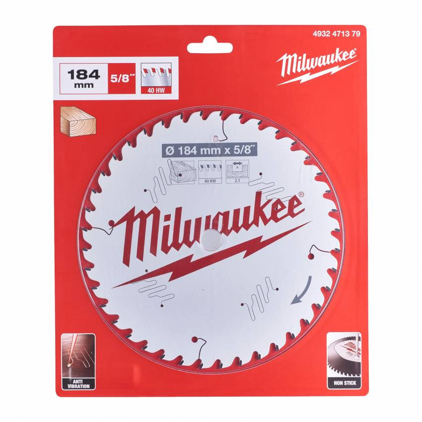 Диск пиляльний PFTE MILWAUKEE, Ø184х5/8"х2,1мм, 40 зуб. 1-4932471379