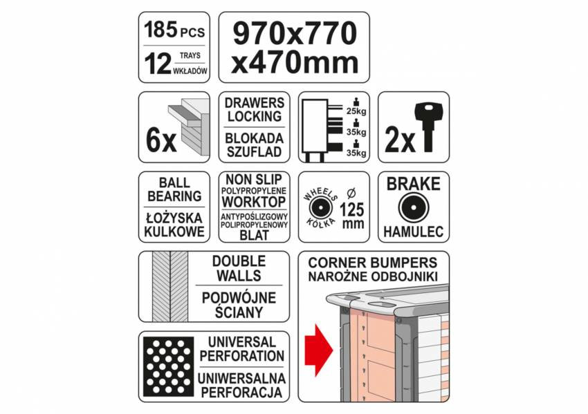 Шафа з інструментами YATO, на колесах, 6 ящиків, 97x 77x 47 см, набір 185 шт.-YT-55307