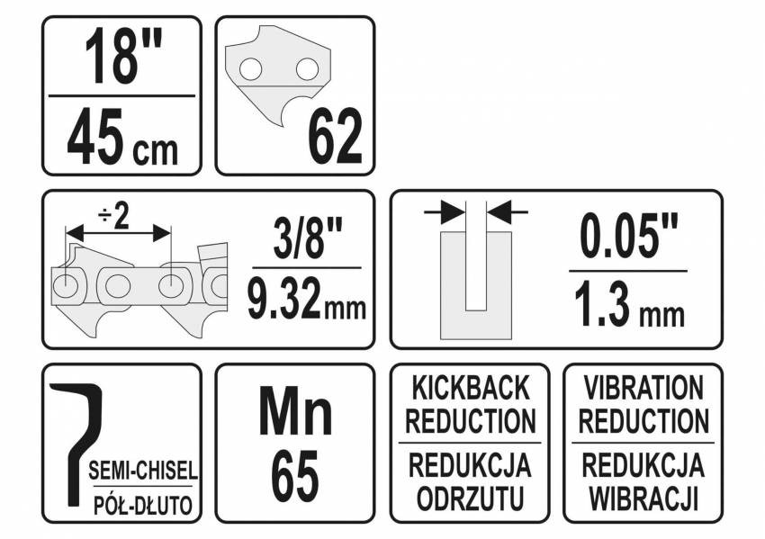 Ланцюг YATO l= 18"/ 45 см (62 ланки) для ланцюгових пилок з напрямною шиною YT-849355-YT-84956