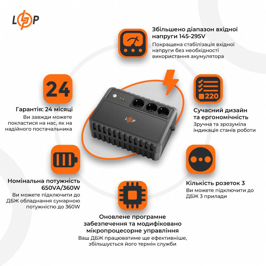 Лінійно-інтерактивне ДБЖ LP-U650VA-3PS (360Вт)-