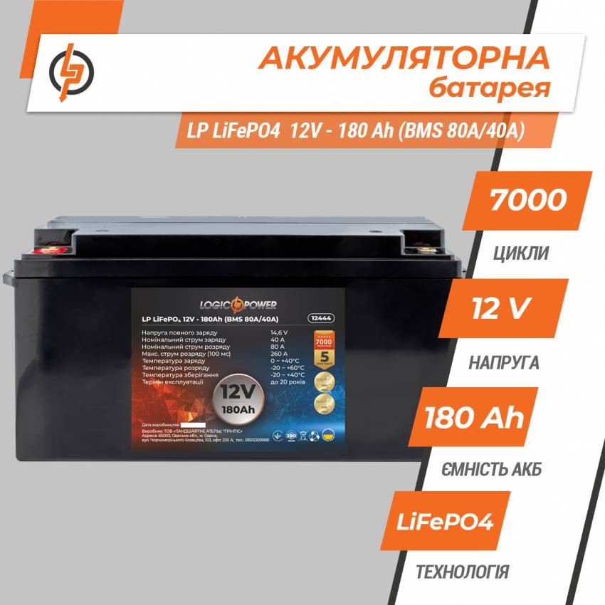 Акумулятор LP LiFePO4 12V - 180 Ah (BMS 80A/40А) пластик-