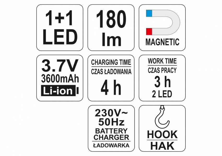 Світильник вправний YATO акумулятор Li-Ion-3.7V, з 2 LED по 180 lm, зарядний пристрій-YT-08502