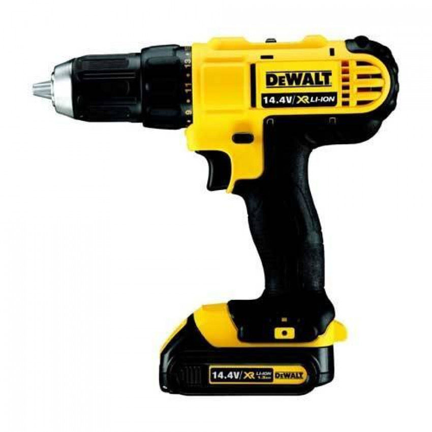 Дриль/шуруповерт DeWalt, XR Li-Ion, 14.4V, 2 акумулятори 1,3 А/год, 38 Нм, патрон 1.5-13 мм, вага 1,6-DCD734C2