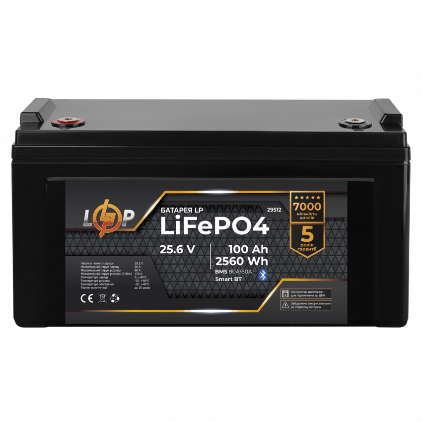 Акумулятор LP LiFePO4 25,6V - 100 Ah (2560Wh) (BMS 80A/80А) пластик Smart BT-