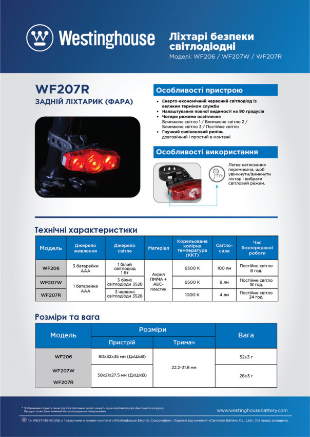 Ліхтар LED фара велосипедний Westinghouse WF206 + 3xAAA/LR03 батарейки в комплекті-WF206-3LR03BP