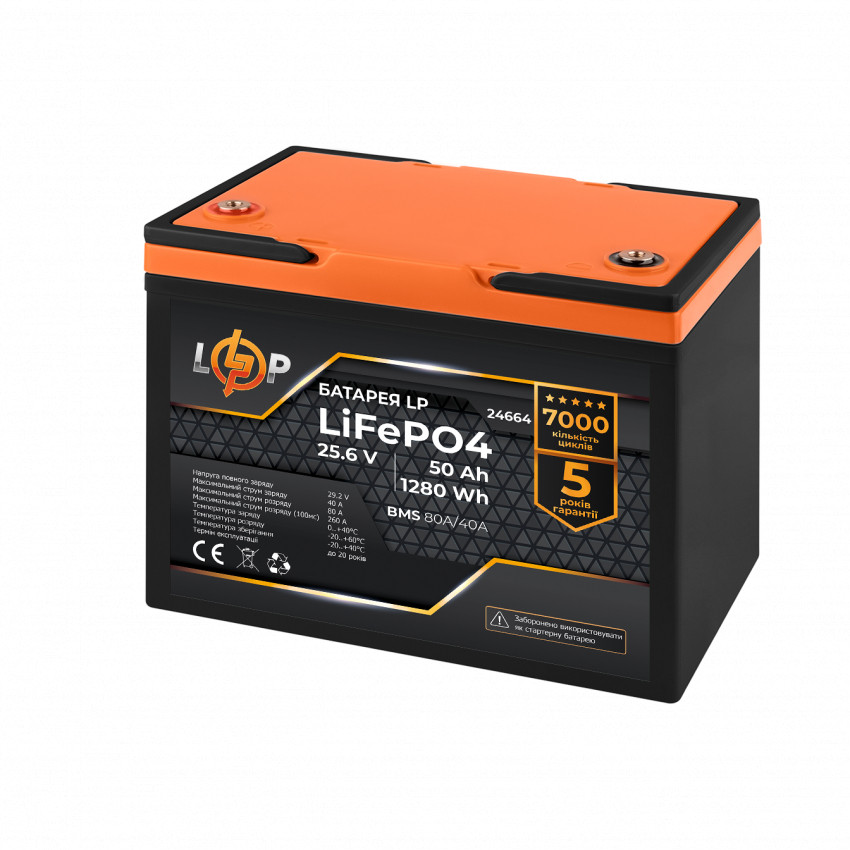 Акумулятор LP LiFePO4 25,6V - 50 Ah (1280Wh) (BMS 80A/40А) пластик-