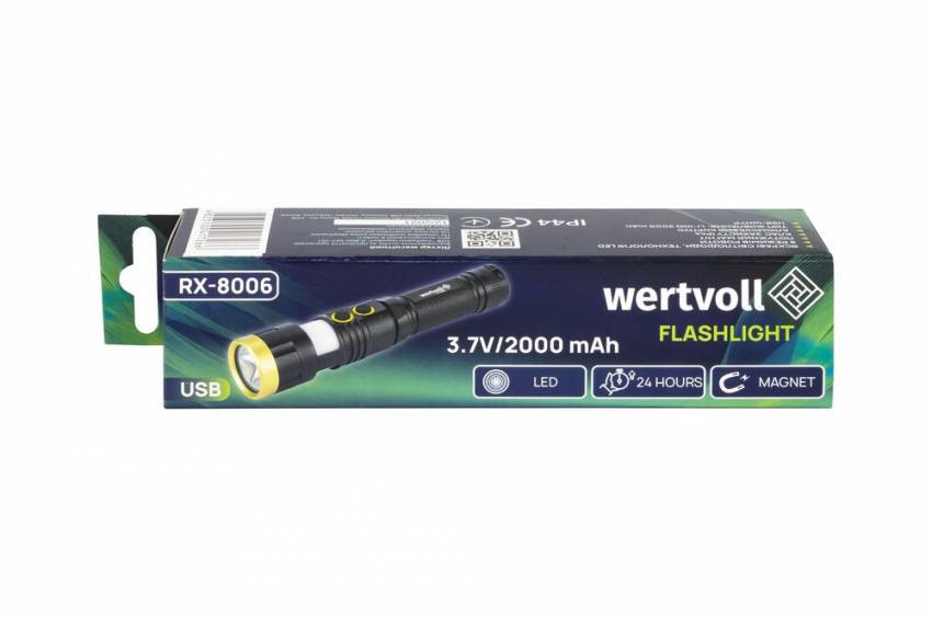 Ліхтар магнітний WERTVOLL 8 режимів LED+WHITE/RED/BLUE IP44 Li-ion 2000 mAh/t 7000 K/300 lum AL 157х32 мм RX-8006-RX-8006