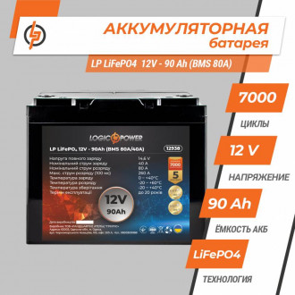 Акумулятор LP LiFePO4 12V - 90 Ah (BMS 80A/40A) пластик