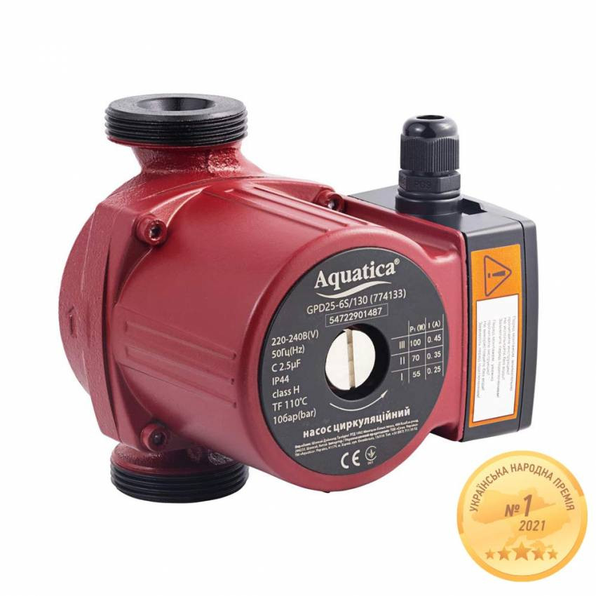 Насос циркуляційний 100Вт Hmax 6м Qmax 75л/хв Ø1½" 130мм гайки Ø1" AQUATICA (774133)-774133