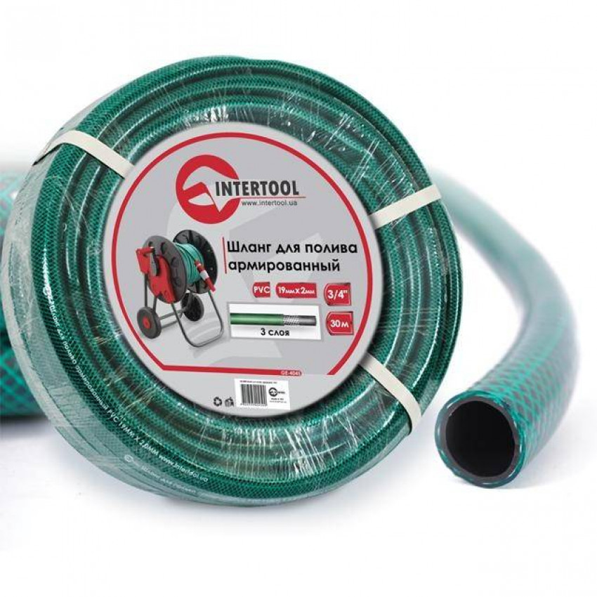 Шланг садовий, тришаровий, зелений, 3/4", 30 м, армований, PVC INTERTOOL GE-4045-GE-4045