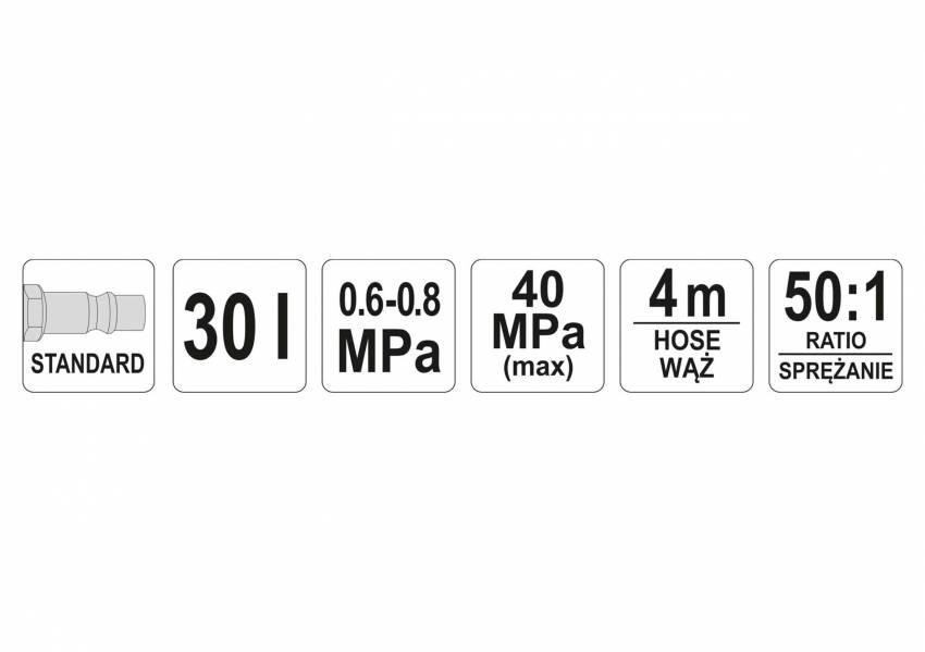 Мастильний пневматичний апарат YATO: бак-30 л, тиск-0.8 MPa, вихід. тиск-300-400 Bar, шланг-4 м-YT-07068