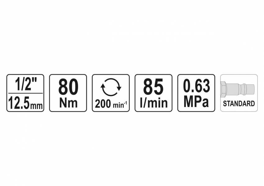 Пневматична решітка YATO: квадрат-1/2", F = 80 Нм, 6,3 бар, 85 л/хв, 200 об/хв.-YT-09802