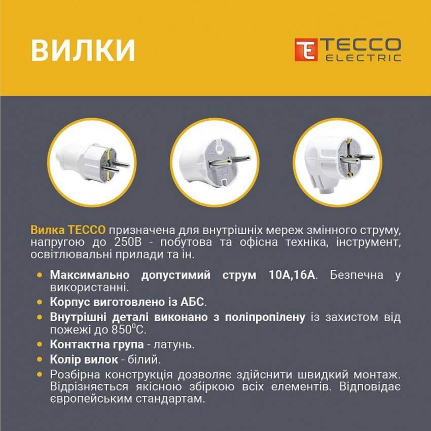 Вилка ТЕССО штепсельна без заземлення біла 6А, 250V~ 1шт/уп-TA 2003