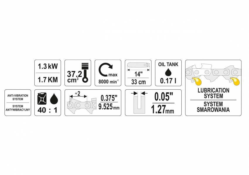 Бензопила ланцюгова YATO 37.2 см³ 1.3 кВт шина- 14" (33 см)-YT-84895