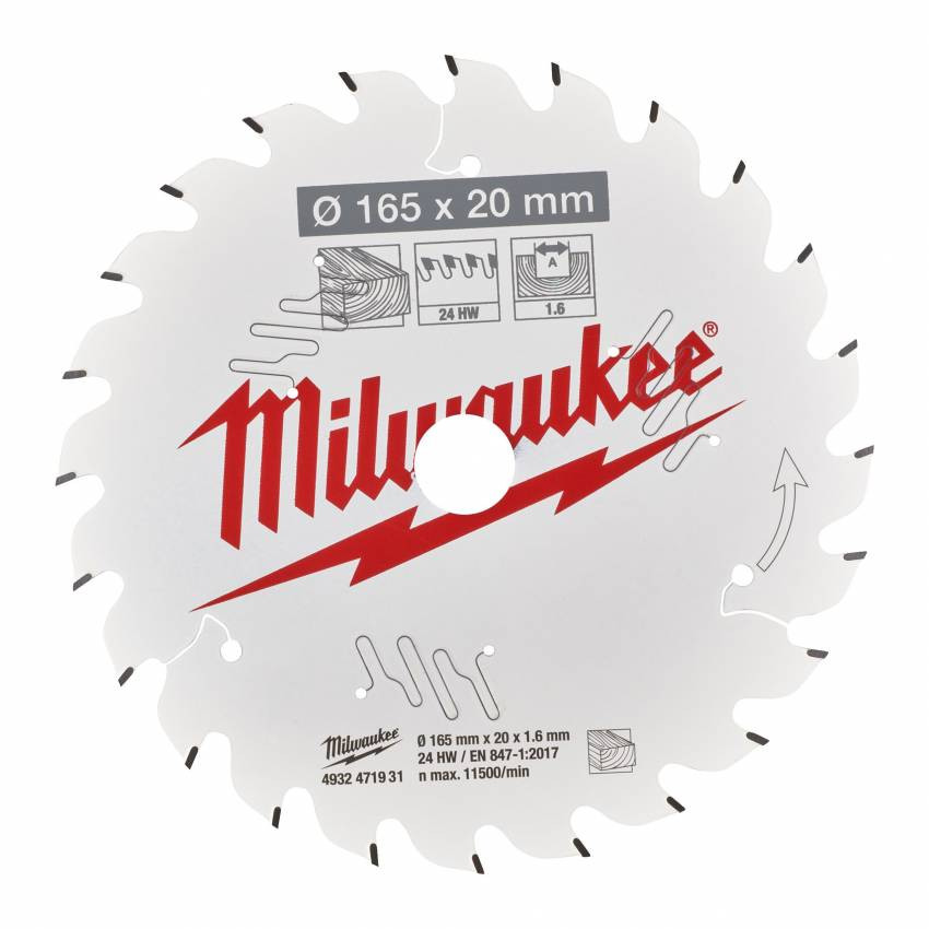 Диск пильний Alu PFTE MILWAUKEE, Ø165х20х2, 2мм, 52 зуб.-4932471296