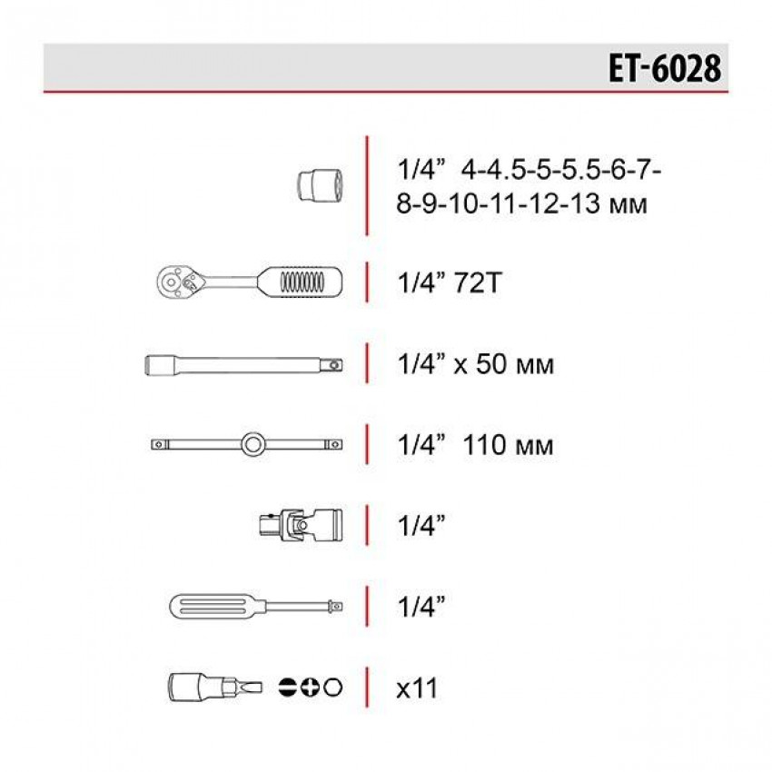 Набір інструментів 1/4", 28 од. (гол. 4-13 мм, біти 11 од.) INTERTOOL ET-6028-ET-6028