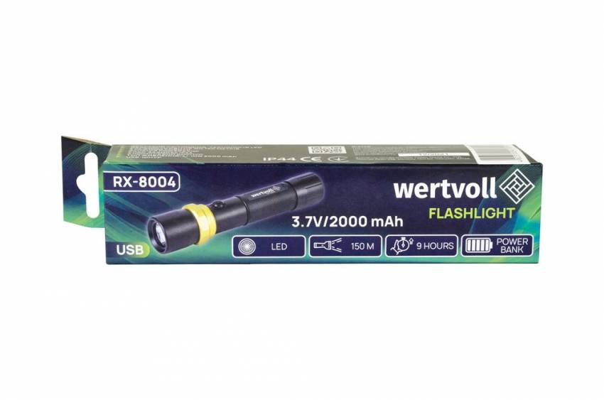 Ліхтар WERTVOLL 3 режими LED IP44 Li-ion 2000 mAh/t 7000 K/240 lum powerbank AL 168х36 мм RX-8004-RX-8004