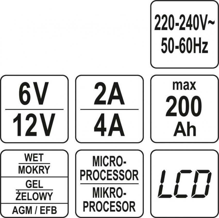 Зарядний прилад мережевий з LCD дисплеєм 230В YATO до акумуляторів 6V-2А 12V-4А, макс. 240 AГод-YT-83000