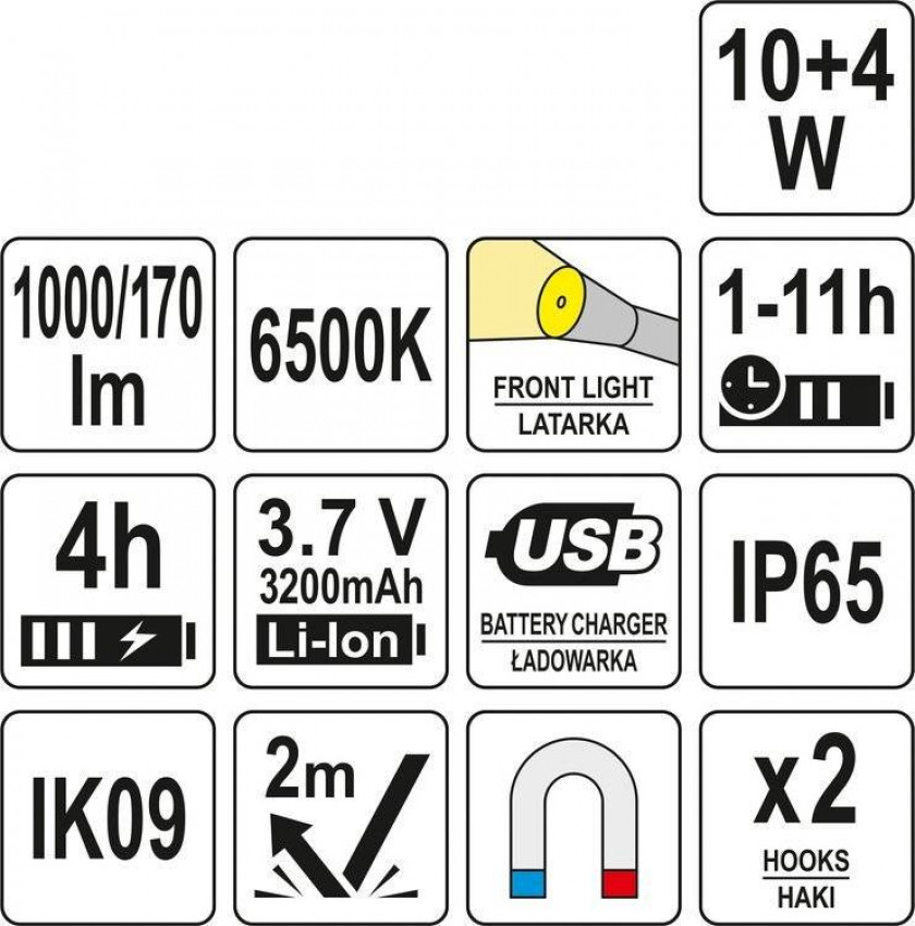 Світильник переносний світлодіодний YATO акумулят. 3,7 V, 2 режими- 10/4 Вт, 170/ 1000 Lm, заряд USB-YT-08510