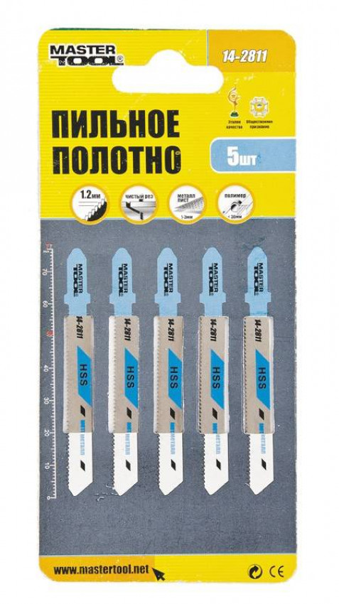 MasterTool Пильное полотно для лобзика по металлу 5 шт, прямой рез, 21TPI, L 77 мм T118A, Арт.: 14-2811-14-2811