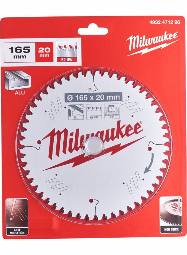 Диск пильний Alu PFTE MILWAUKEE, Ø165х20х2, 2мм, 52 зуб.-4932471296