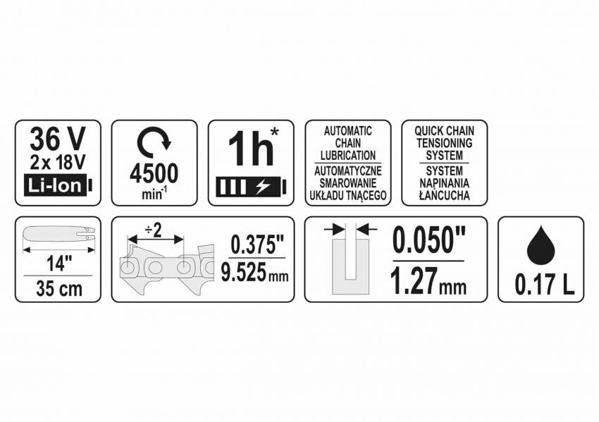 Пила ланцюгова акумуляторна YATO 36 В (2 x Li-Ion 18 В) 14"/35 см (БЕЗ АКУМУЛЯТОРА)-YT-82813