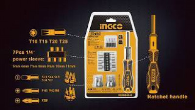 Викрутка-тріскачка з бітами та головками INGCO