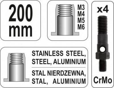 Заклепочник YATO для нітогайок М3; М4; М5; М6; l=200 мм