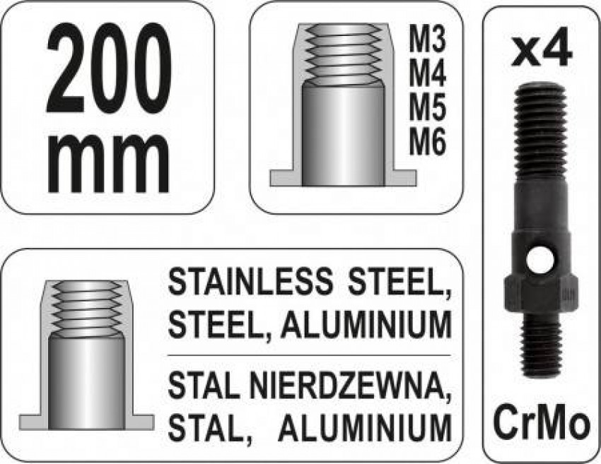 Заклепочник YATO для нітогайок М3; М4; М5; М6; l=200 мм-YT-36140