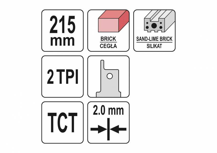 Полотно до шаблевої пили по керамічній і силікатній цеглі YATO : l= 215 мм, h= 2 мм, 2 зуби/1"-YT-33960