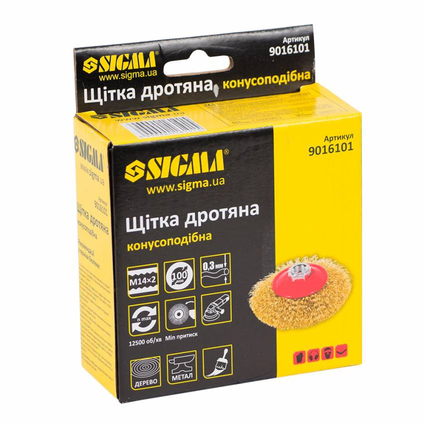 Щітка дротяна конусоподібна Ø100мм М14×2мм (латунована) Sigma (9016101)-9016101