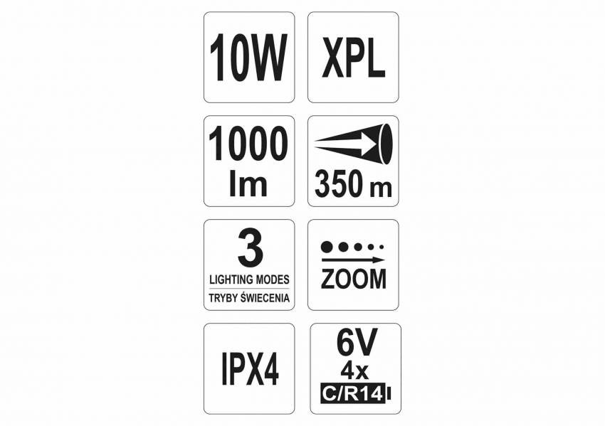 Ліхтар світлодіодний (XPL CREE) YATO, Р=10 Вт, Ф=1000 lm; живлення – 4 х R14 батар. Ø = 46 мм x 254 мм-YT-08567