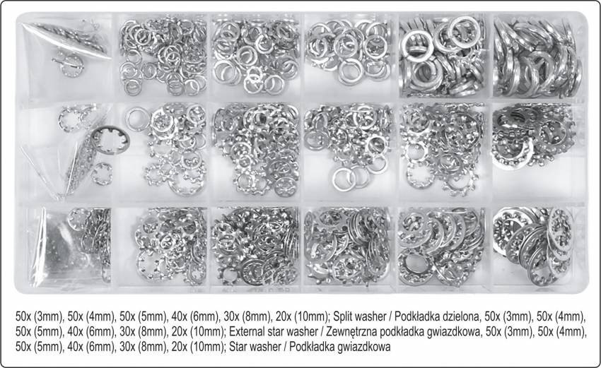 Шайби стопорні Ø3-10 мм YATO різної форми у пластиковій коробці, набір 720 шт.-YT-06858