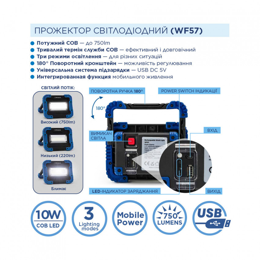 Ліхтар прожекторний Westinghouse WF57 + USB кабель в комплекті-WF57-CB