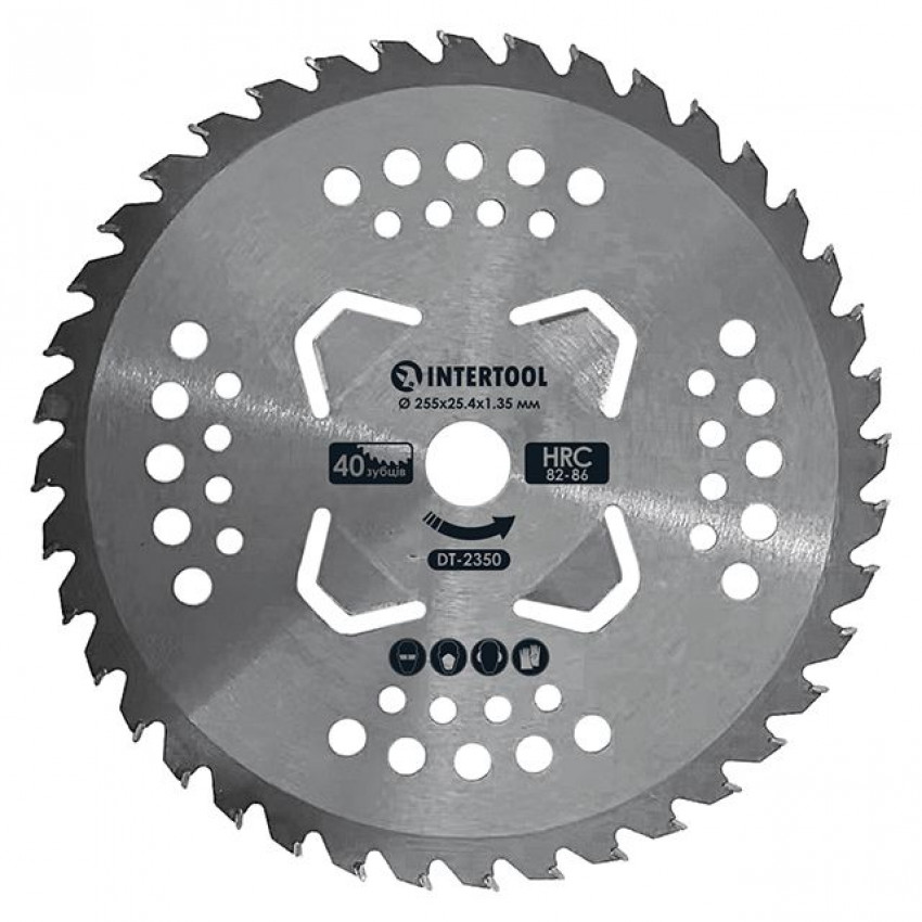 Ніж для мотокоси/тримера з твердосплавними напайками ø255*25.4*1.35 мм, 40T, HRC 82-86, 4 підрізні лопаті INTERTOOL DT-2350-DT-2350