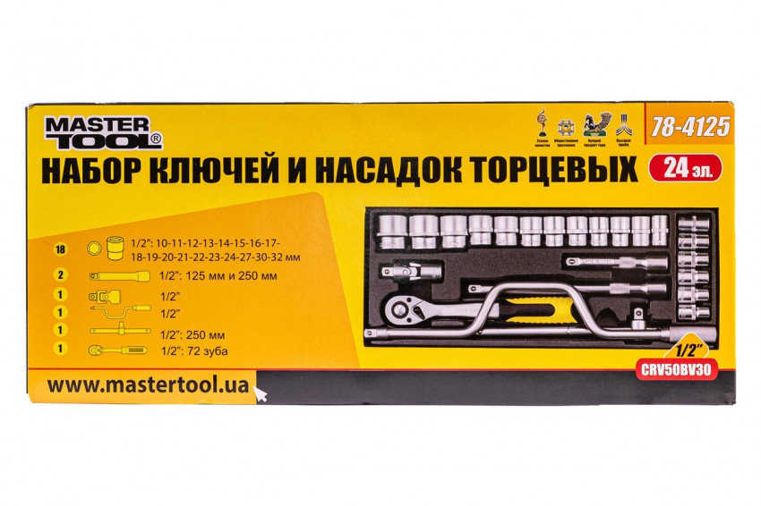 Набір насадок торцевих MASTERTOOL PROFI CrV 1/2" 10-32 мм тріскачка 72Т 24 шт металевий кейс гнутий вороток 78-4125-78-4125