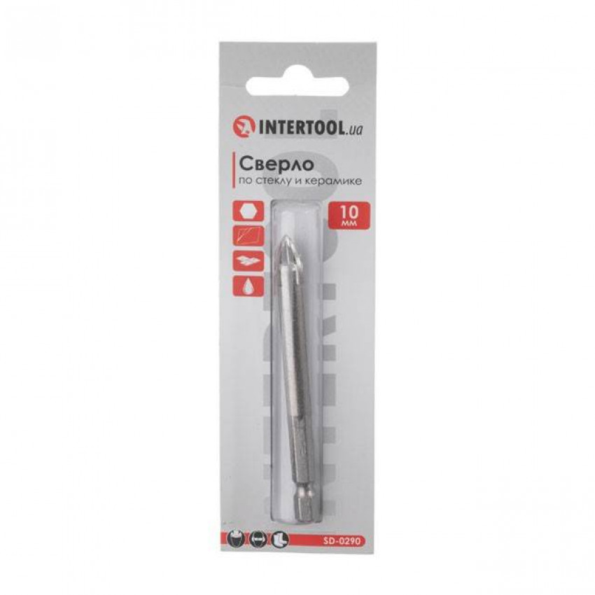 Свердло по склу та кераміці 10 мм HEX 1/4'' (6.35 мм) INTERTOOL SD-0290-SD-0290