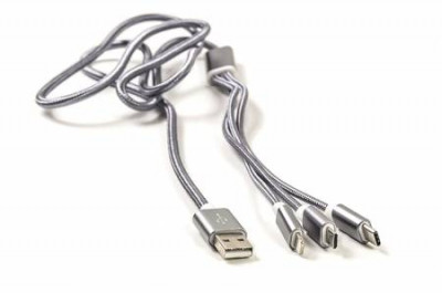 Кабель PowerPlant 2.1A 3-в-1 USB AM - Type-C/Lightning/Micro, 1.2м, сірий