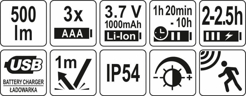 Ліхтар COB-діодний на чоло YATO; живл. від 3х ААА акумулят 3,7 В 1000 мАгод, 500 Lm, з датчиком руху-YT-08593