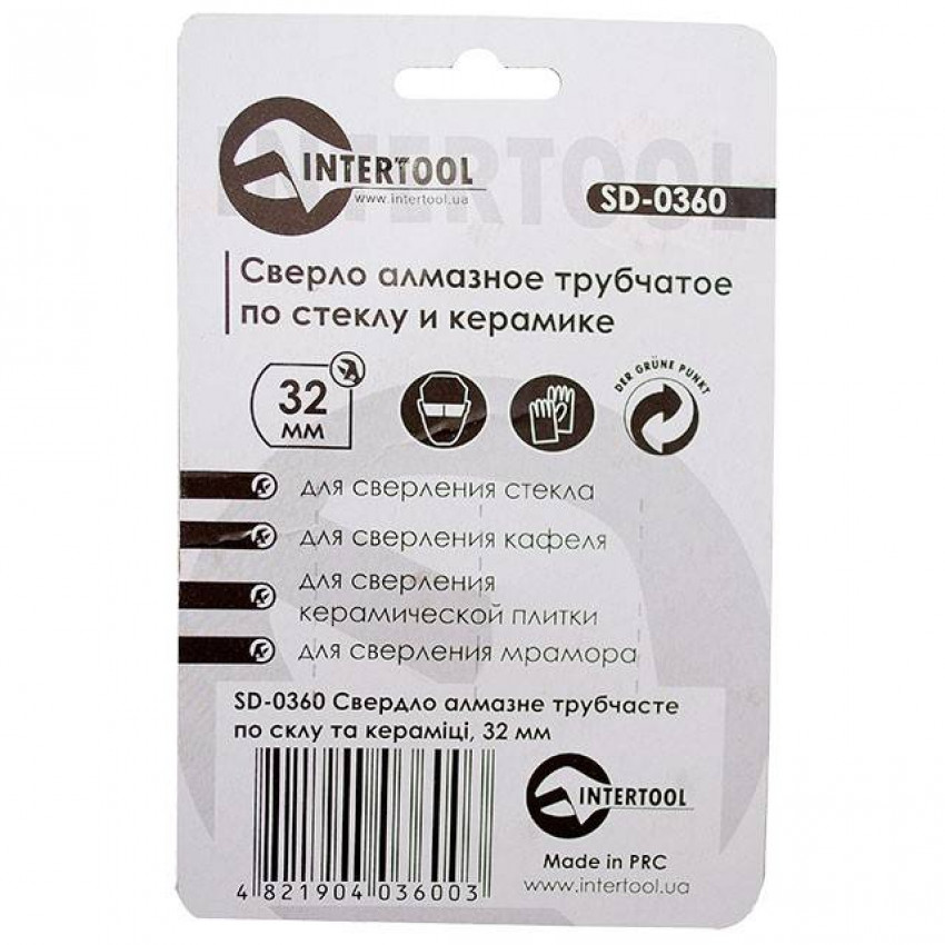 Коронка трубчаста по склу та кераміці 32 мм INTERTOOL SD-0360-SD-0360