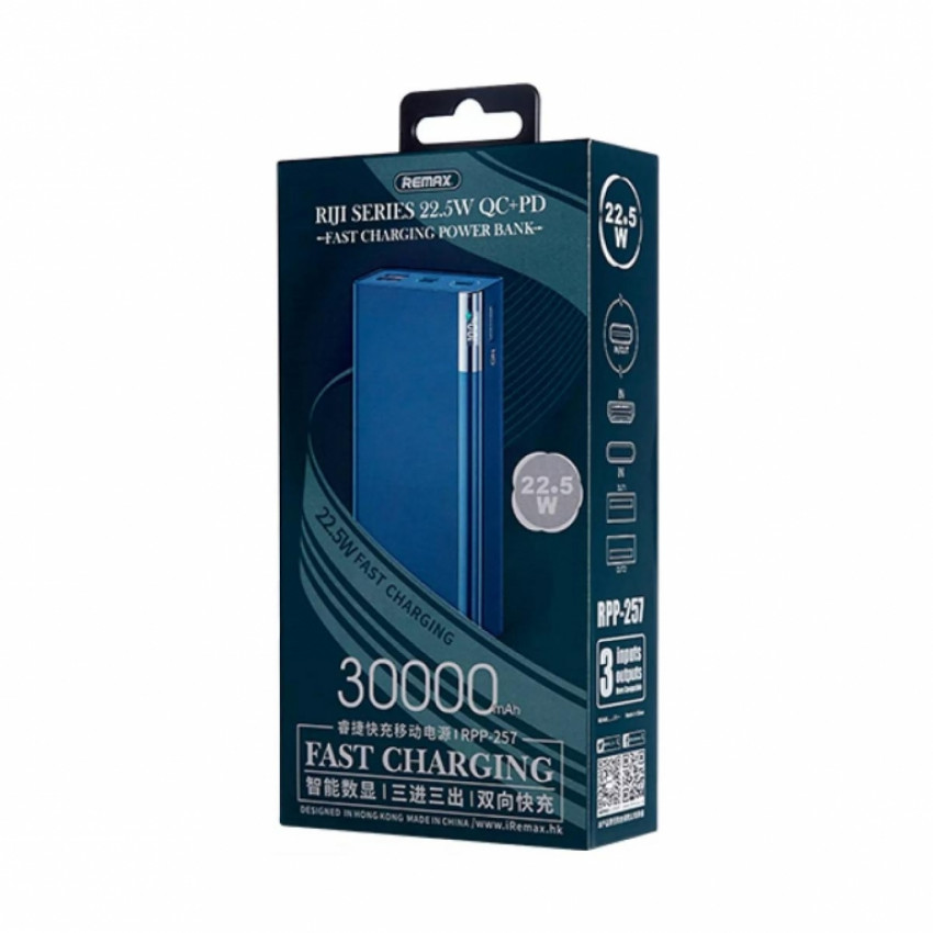 Зовнішній акумулятор Remax Riji 22.5W QC+PD 30000mAh Синій (RPP-257)-