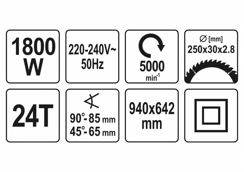 Пила циркулярна мережева YATO 1.8 кВт диск 254 x 30 мм нахил 45°-YT-82165